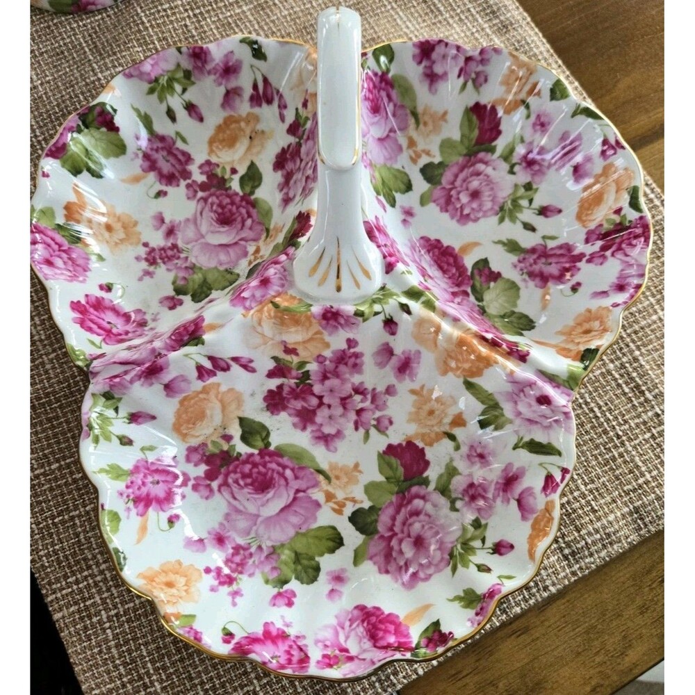 Vintage Royal Danube White Pink Rose Chintz Scalloped Tray with Handle